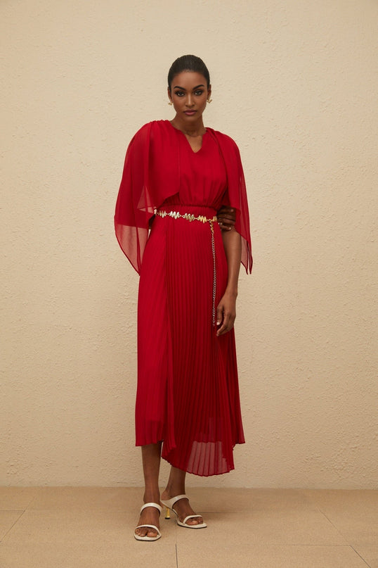 Amelia Red Maxi Dress V-neck Sleeveless Pleated Skirt Cape Design Chain-link Detailing Rear Zip Fastening Terylene Fiber Elegant Glamour