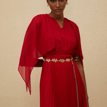 Amelia Red Maxi Dress V-neck Sleeveless Pleated Skirt Cape Design Chain-link Detailing Rear Zip Fastening Terylene Fiber Luxury Sophistication Maxi Length Glamour