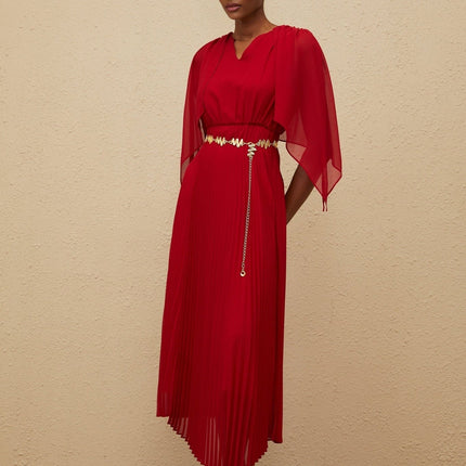 Amelia Red Maxi Dress V-neck Sleeveless Pleated Skirt Cape Design Chain-link Detailing Rear Zip Fastening Terylene Fiber Luxury Sophistication Glamour