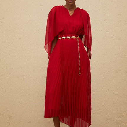 Amelia Red Maxi Dress V-neck Sleeveless Pleated Skirt Cape Chain-link Detailing Luxury Sophistication Terylene Fiber Grace Maxi Length Glamour