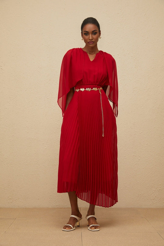 Amelia Red Maxi Dress V-neck Sleeveless Pleated Skirt Cape Chain-link Detailing Luxury Sophistication Terylene Fiber Grace Maxi Length Glamour