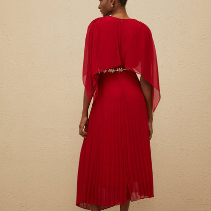 Amelia Red Maxi Dress V-neck Sleeveless Pleated Skirt Cape Design Chain-link Detailing Rear Zip Fastening Terylene Fiber Luxury Sophistication Maxi Length