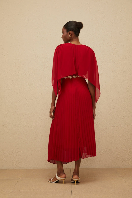 Amelia Red Maxi Dress V-neck Sleeveless Pleated Skirt Cape Design Chain-link Detailing Rear Zip Fastening Terylene Fiber Luxury Sophistication Maxi Length