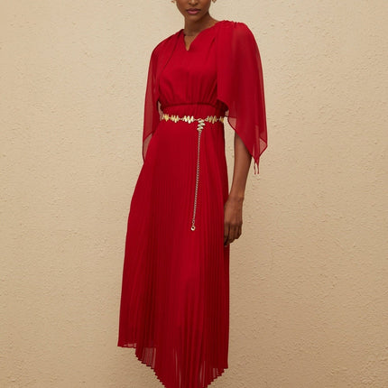 Amelia Red Maxi Dress V-Neck Sleeveless Pleated Skirt Cape Design Chain-Link Detailing Rear Zip Fastening Terylene Fiber Elegant Glamour