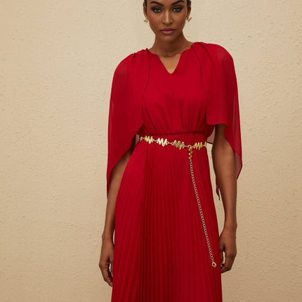Amelia Red Maxi Dress V-neck Sleeveless Pleated Skirt Cape Design Chain-link Detailing Rear Zip Fastening 100% Terylene Fiber Luxury Sophistication Maxi Length Glamour