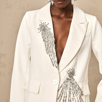 Amelia White Crystal Embellished Blazer with Peak Lapels and Buttoned Cuffs
