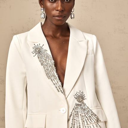 Amelia White Crystal Embellished Blazer with Peak Lapels and Buttoned Cuffs