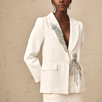 Amelia White Crystal Embellished Blazer Peak Lapels Buttoned Cuffs Chest Welt Pocket Front Flap Pockets Front Button Fastening Polyester Viscose Elastane Sophisticated Elegant Statement Piece