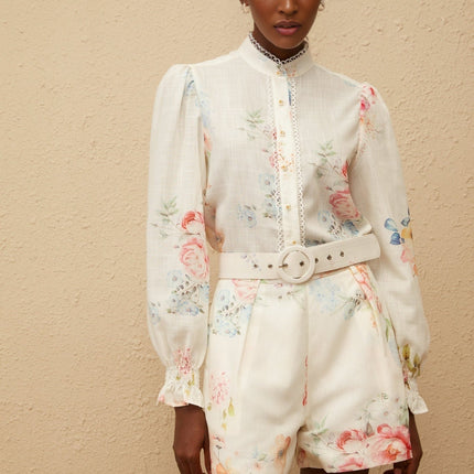 Amelia White Floral Print Shirt & Shorts Set in Terylene Fiber with Faux-Pearl Buttons and Scallop Trim