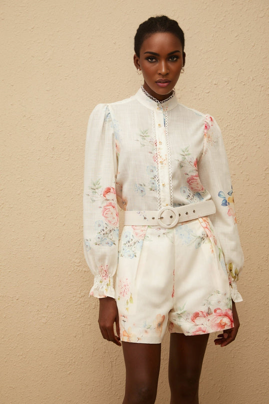 Amelia White Floral Print Shirt & Shorts Set in Terylene Fiber with Faux-Pearl Buttons and Scallop Trim