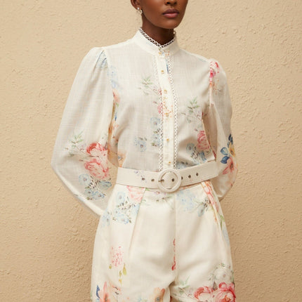 Amelia White Floral Print Shirt & Shorts Set Terylene Fiber Crew Neck Long Sleeves Elasticated Cuffs Faux-Pearl Embellished Buttons High-Rise Silhouette Belted Waist Wide Legs Scallop Trim Rear Zip Fastening