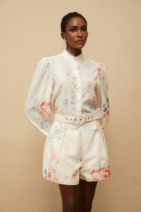 Amelia White Floral Print Shirt & Shorts Set Terylene Fiber Crew Neck Long Sleeves Elasticated Cuffs Faux-Pearl Embellished Buttons High-Rise Silhouette Belted Waist Wide Legs Scallop Trim Rear Zip Fastening