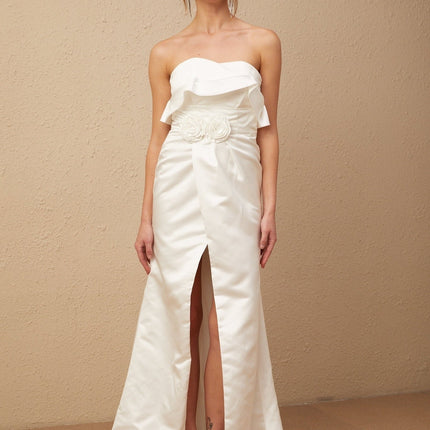 Amelia White Glossy Satin Maxi Dress with Off-Shoulder Cut and Floral Appliqué