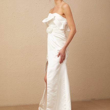 Amelia White Glossy Satin Maxi Dress with Floral Appliqué and High Slit