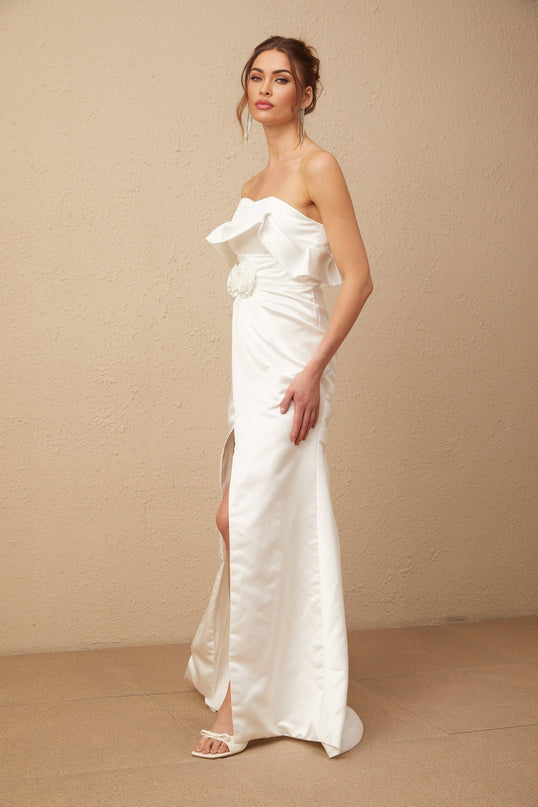 Amelia White Glossy Satin Maxi Dress with Floral Appliqué and High Slit