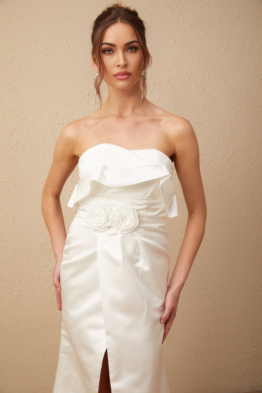 Amelia White Glossy Satin Maxi Dress with Floral Appliqué and High Slit