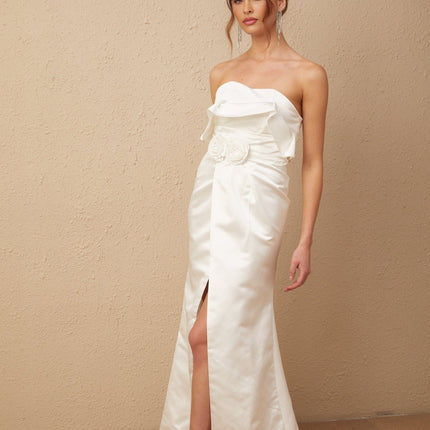 Amelia White Glossy Satin Maxi Dress with Floral Appliqué and High Slit