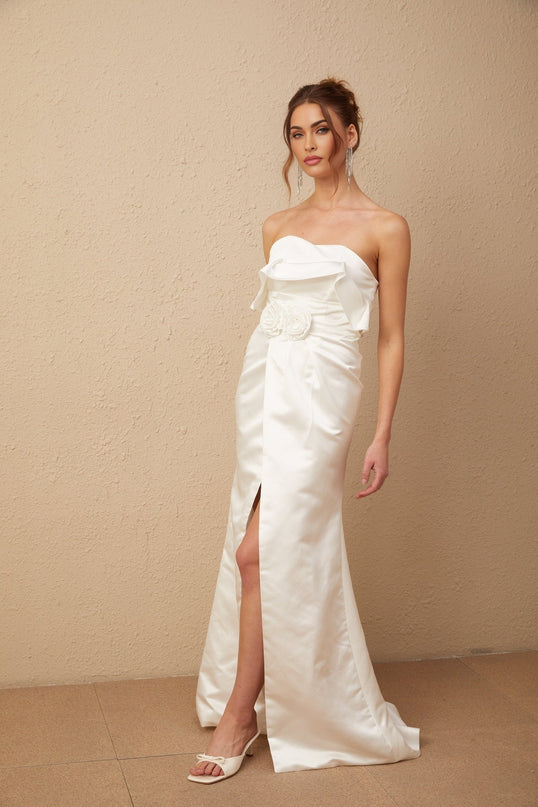 Amelia White Glossy Satin Maxi Dress with Floral Appliqué and High Slit
