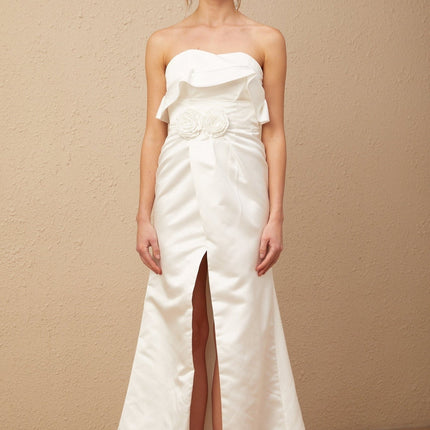 Amelia White Glossy Satin Maxi Dress with Floral Appliqué and High Slit