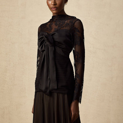 Amélie black midi dress with floral lace panels and sheer details