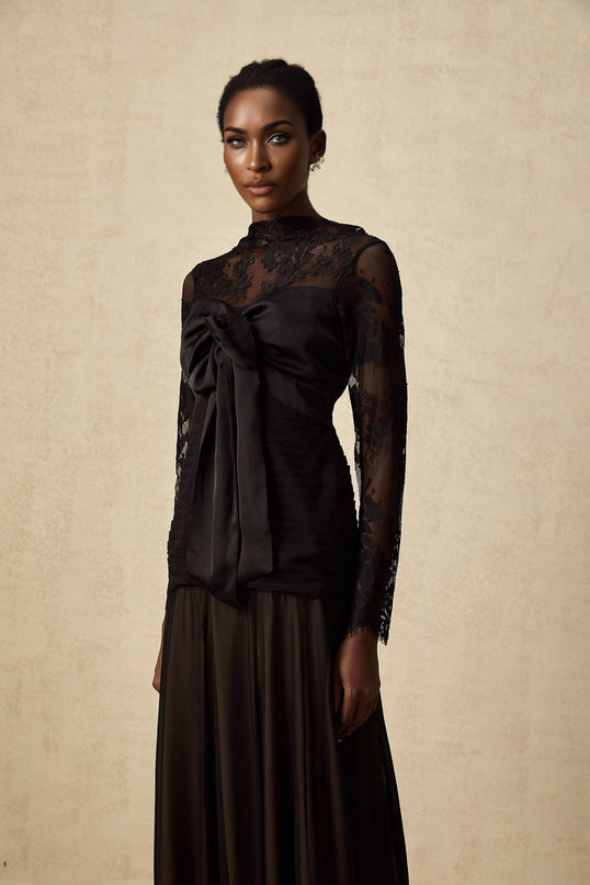 Amélie black midi dress with floral lace panels and sheer details