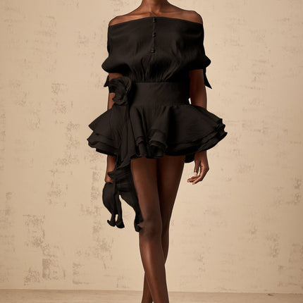 Amélie Womens Black Floral Appliqué Flounced Mini Dress