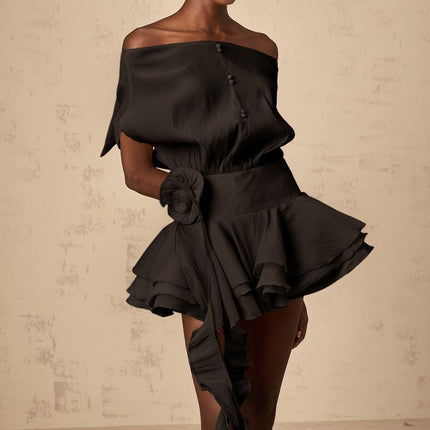 Amélie Womens Black Floral Appliqué Flounced Mini Dress