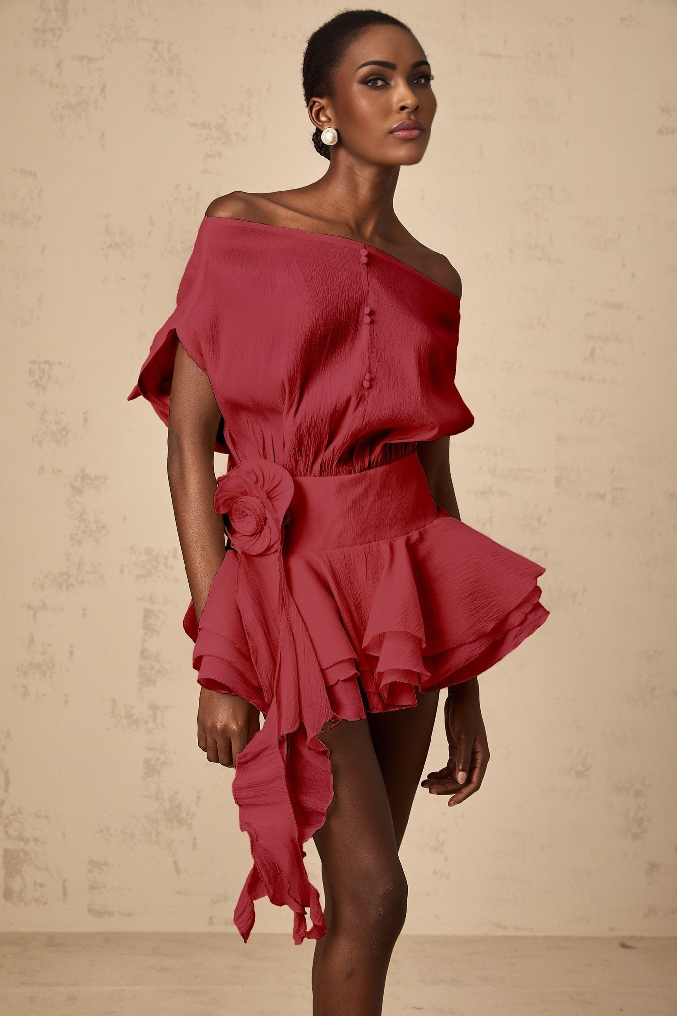 Amélie Womens Red Floral Appliqué Flounced Mini Dress