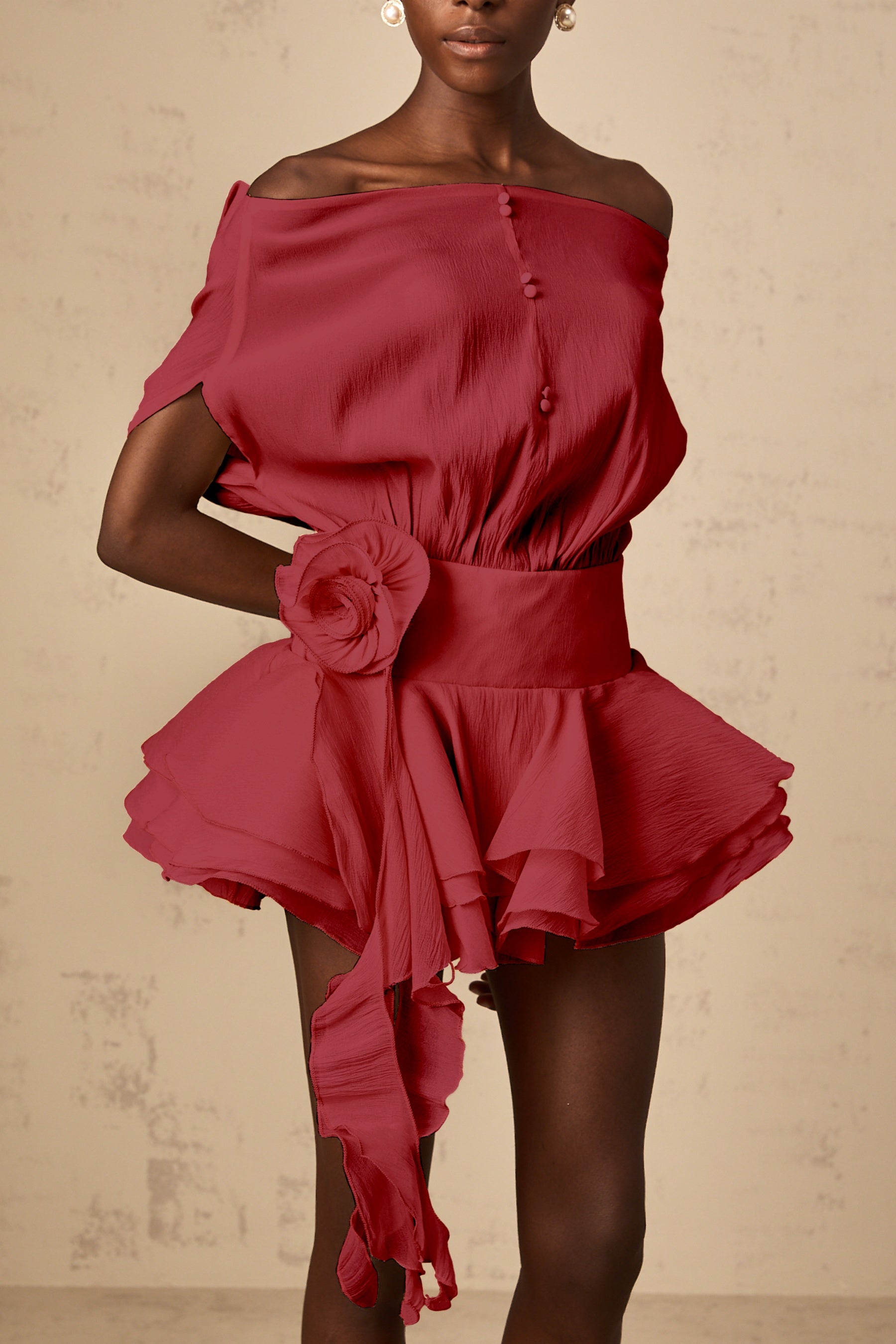Amélie Womens Red Floral Appliqué Flounced Mini Dress