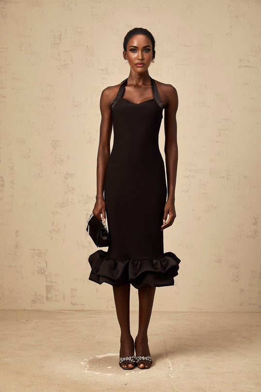 Amelina Black Halterneck Midi Dress with Self-Tie Design and Bubble Hem Detail
