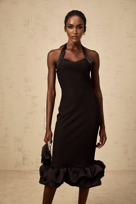 Amelina Black Halterneck Midi Dress with Self-Tie Design and Bubble Hem Detail