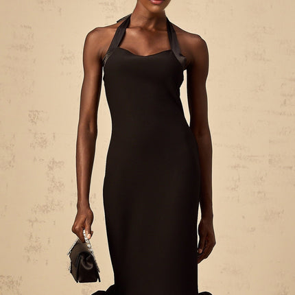 Amelina Black Halterneck Midi Dress Self-Tie Bubble Hem Detail