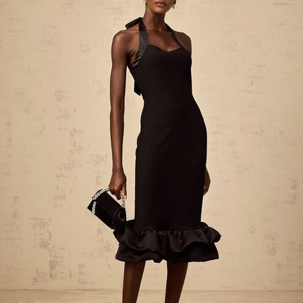 Amelina Black Halterneck Midi Dress with Self-Tie Design and Bubble Hem Detail