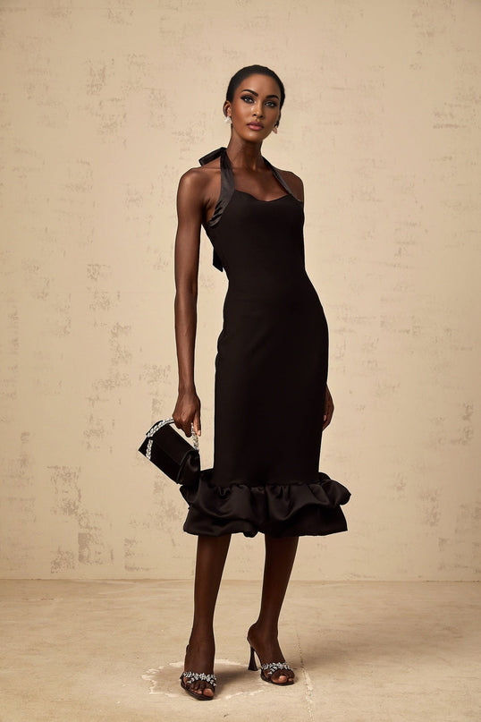 Amelina Black Halterneck Midi Dress with Self-Tie Design and Bubble Hem Detail