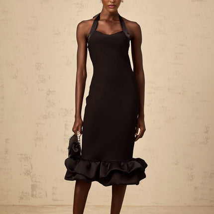 Amelina Black Halterneck Midi Dress Self-Tie Bubble Hem Detail
