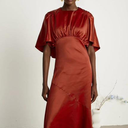 Amelina Red Satin Maxi Dress Crew Neck Cape Sleeves Gathered Detailing Fitted Waist Open Back Asymmetric Hem Rear Zip Fastening Viscose Elegant Sophisticated Luxurious Chic Statement Special Occasion Opulence Comfort