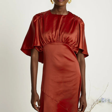 Amelina Red Satin Maxi Dress Crew Neck Cape Sleeves Gathered Detailing Fitted Waist Open Back Asymmetric Hem Rear Zip Fastening 100% Viscose