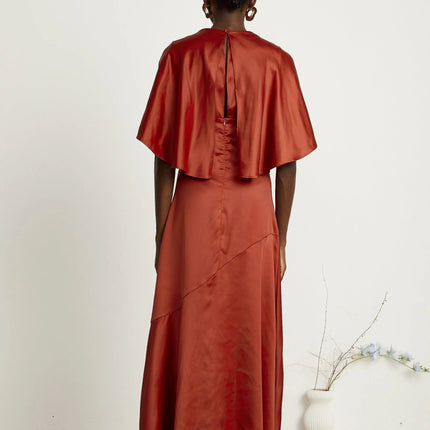 Amelina Red Satin Maxi Dress Crew Neck Cape Sleeves Gathered Detailing Fitted Waist Open Back Asymmetric Hem Rear Zip Fastening 100% Viscose