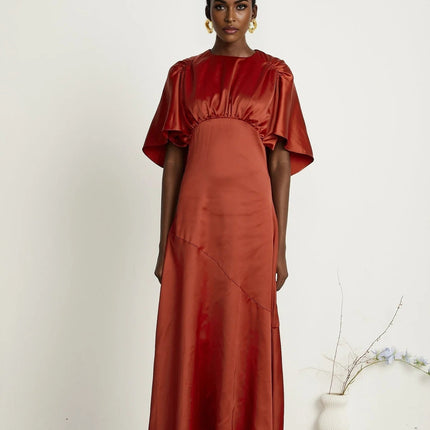 Amelina Red Satin Maxi Dress Crew Neck Cape Sleeves Gathered Detailing Fitted Waist Open Back Asymmetric Hem Rear Zip Fastening Viscose Elegant Sophisticated Luxurious Chic Statement Floor-Length Special Occasion