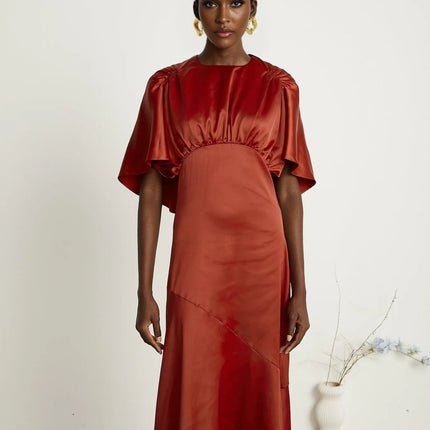 Amelina Red Satin Maxi Dress with Cape Sleeves and Asymmetric Hem