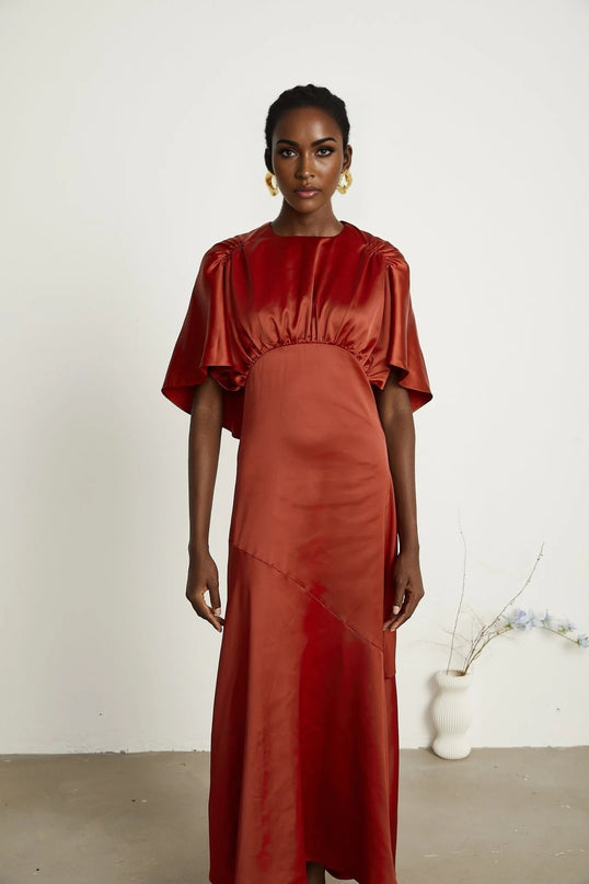 Amelina Red Satin Maxi Dress with Cape Sleeves and Asymmetric Hem