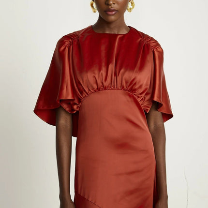 Amelina Red Satin Maxi Dress Crew Neck Cape Sleeves Gathered Detailing Fitted Waist Open Back Asymmetric Hem Rear Zip Fastening 100% Viscose