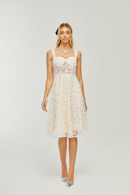 Amelina White Embroidered Midi Dress with Corset Style Bodice Spaghetti Straps and Rear Zipfastening