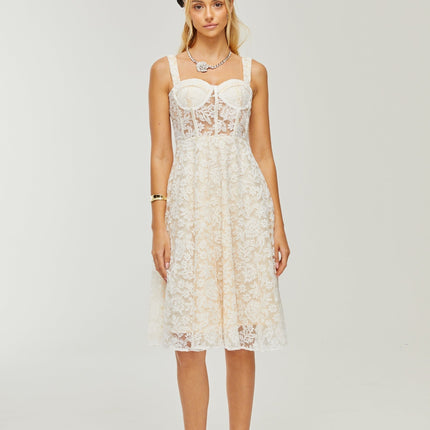 Amelina White Embroidered Midi Dress with Corset-style Bodice Spaghetti Straps and Rear Zipfastening in Cotton Viscose Blend