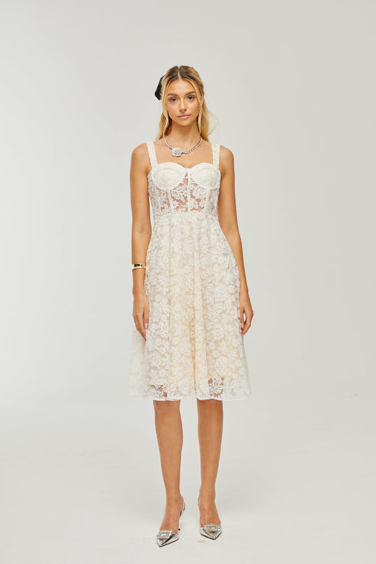 Amelina White Embroidered Midi Dress with Corset-style Bodice Spaghetti Straps and Rear Zipfastening in Cotton Viscose Blend