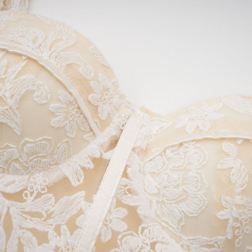 Amelina White Embroidered Midi Dress Corset Style Spaghetti Straps Bustier Bodice Zipfastening Cotton Viscose Blend Luxury Refinement
