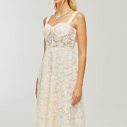 Amelina White Embroidered Midi Dress with Corset-Style Bodice and Spaghetti Straps