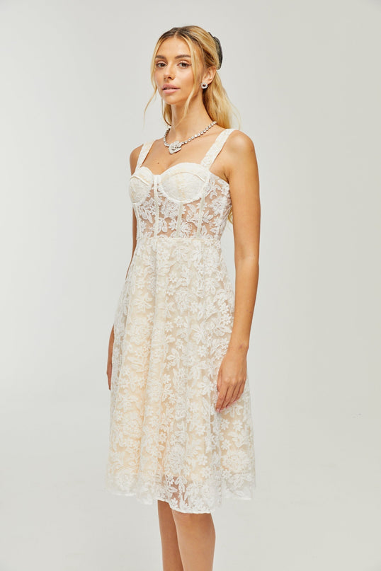 Amelina White Embroidered Midi Dress with Corset-Style Bodice and Spaghetti Straps