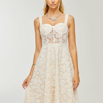 Amelina White Embroidered Midi Dress with Spaghetti Straps and Bustier Bodice