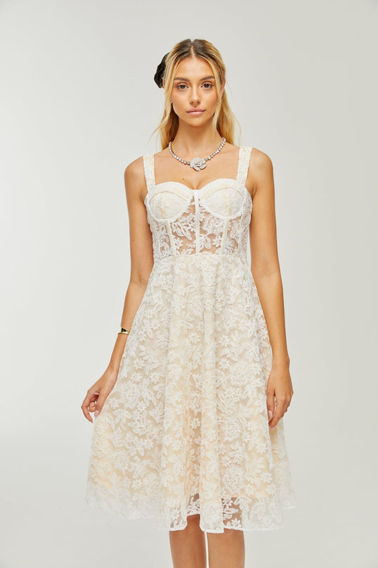 Amelina White Embroidered Midi Dress with Spaghetti Straps and Bustier Bodice